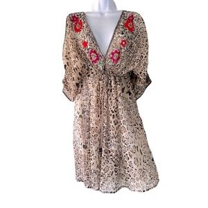 DEHRY PARIS sheer boho cheetah embellished dress coverup M